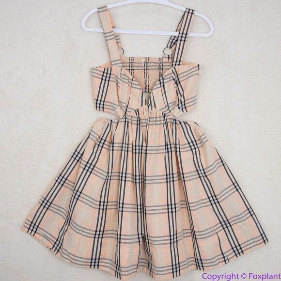 NEW Free People Bridget Mini Dress plaid, smocked split open back, S - Picture 2 of 16